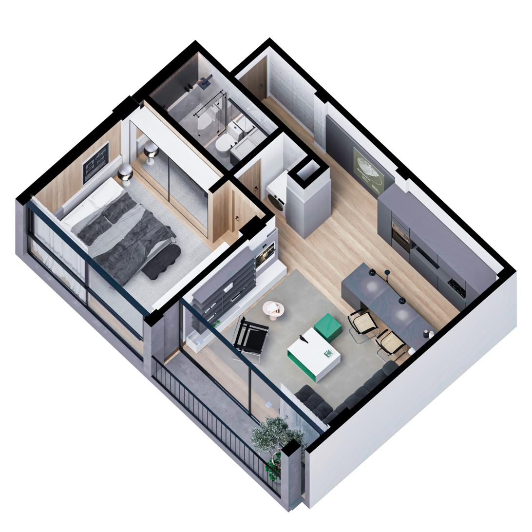 Axonométrica tipo A y B, 1 dormitorio