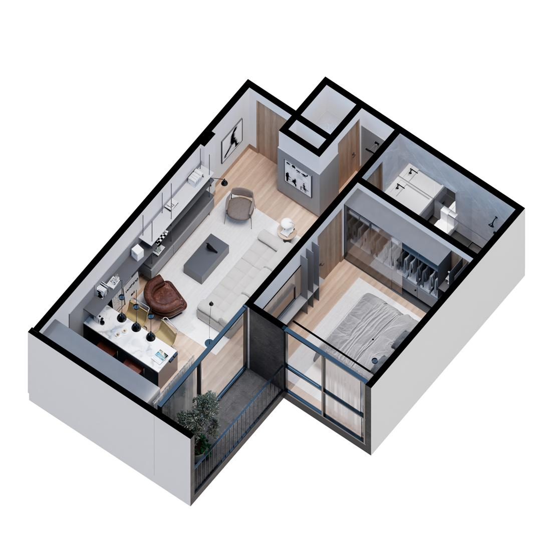 Axonométrica tipo E y F, 1 dormitorio