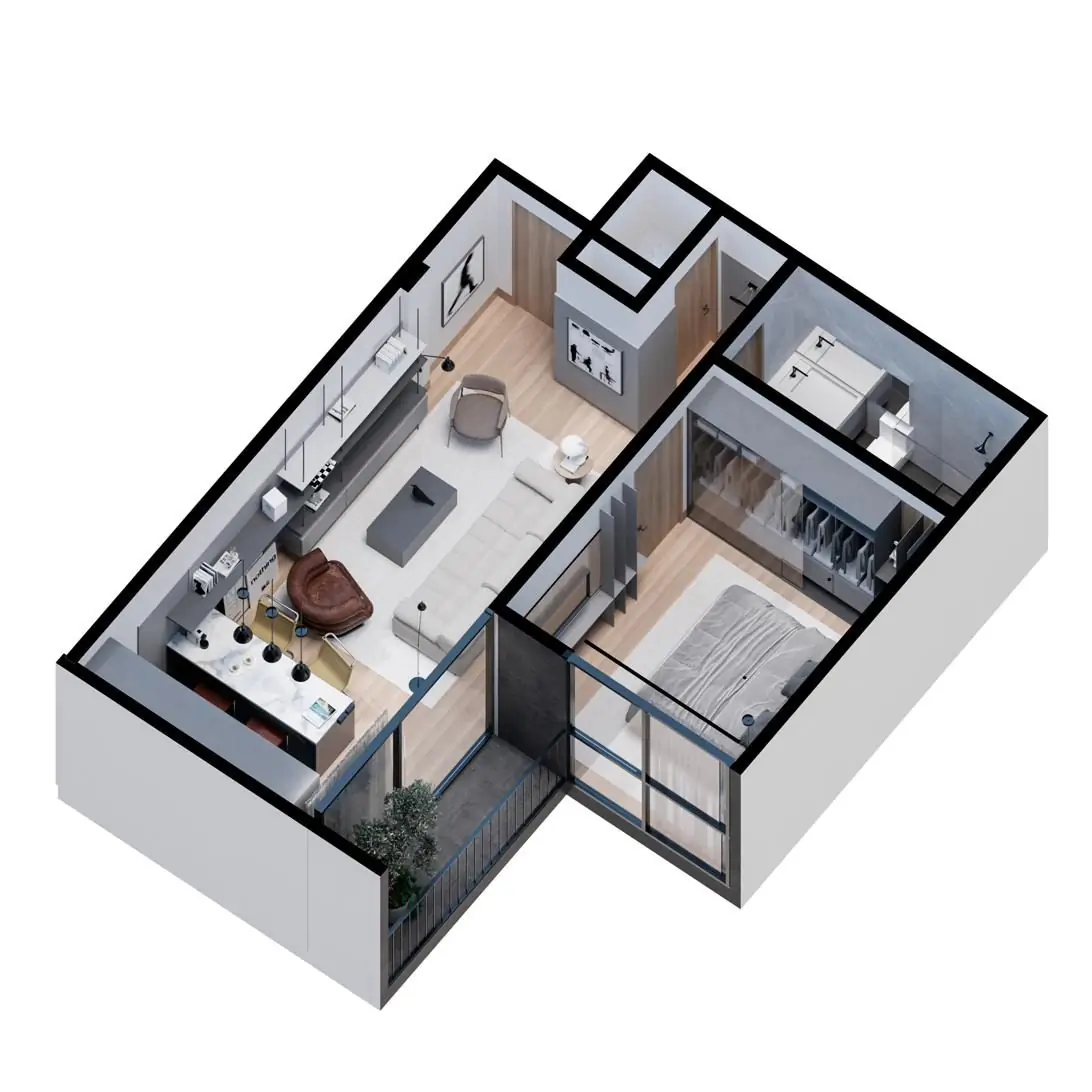 Axonométrica tipo E y F, 1 dormitorio