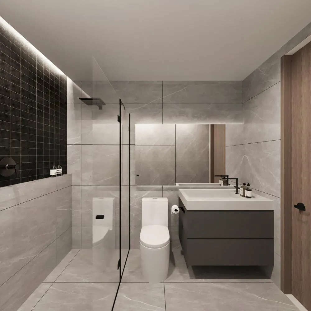 Baño revestido en porcelanato tipo mármol
