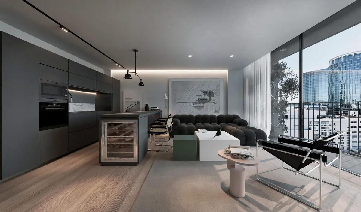 Living comedor con cocina integrada y vista a la ciudad
