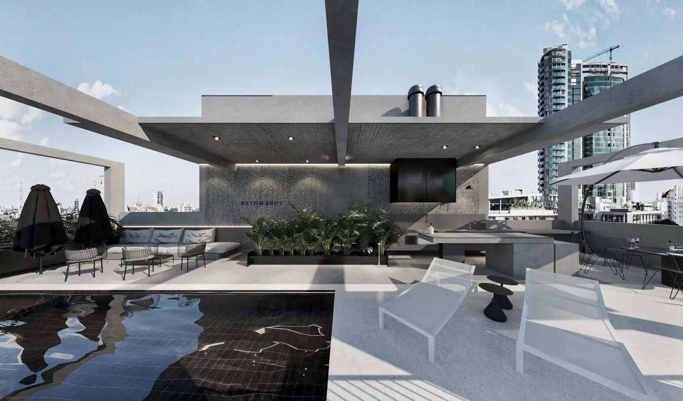 Terraza principal con piscina de borde negro y solárium sobre la ciudad